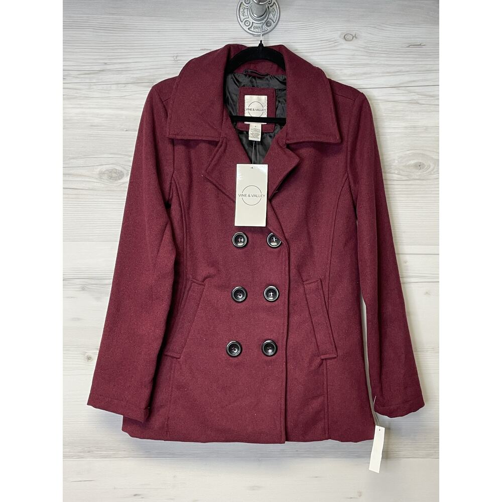 Vine & Valley Coat Womens Small Wine Red Double Breasted Peacoat Long Jacket New